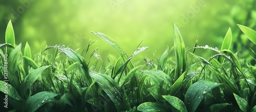 Lush green grass backdrop with vibrant blades and dew droplets glistening in soft light creating a serene natural atmosphere.