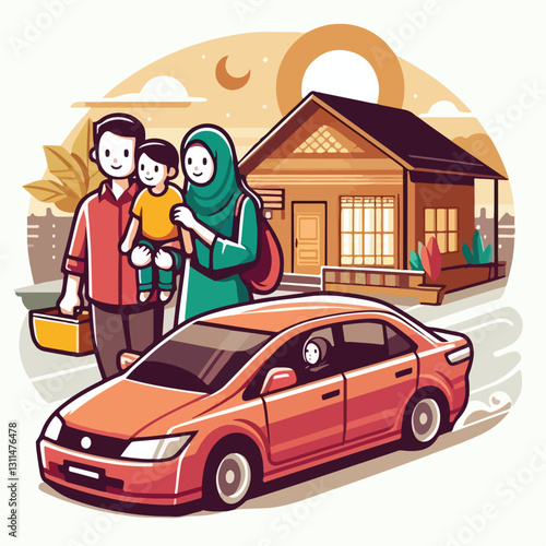 A modern take on the tradition of 'mudik' (homecoming), showing a futuristic self-driving car and family reuniting at home in a sleek flat design
