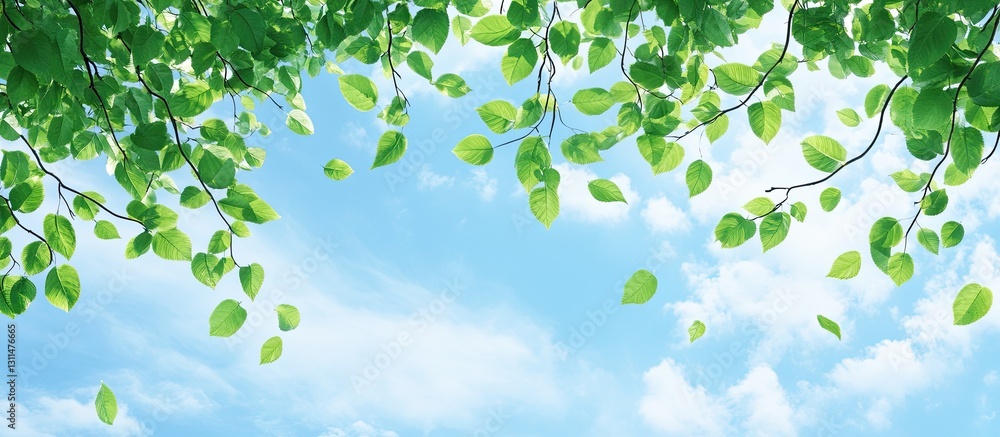 Lush green leaves framing a bright blue sky with soft white clouds, positioned at the top creating a serene outdoor atmosphere. Lush green leaves framing a bright blue sky with soft white clouds, positioned at the top creating a serene outdoor atmosphere.