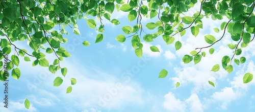 Lush green leaves framing a bright blue sky with soft white clouds, positioned at the top creating a serene outdoor atmosphere.