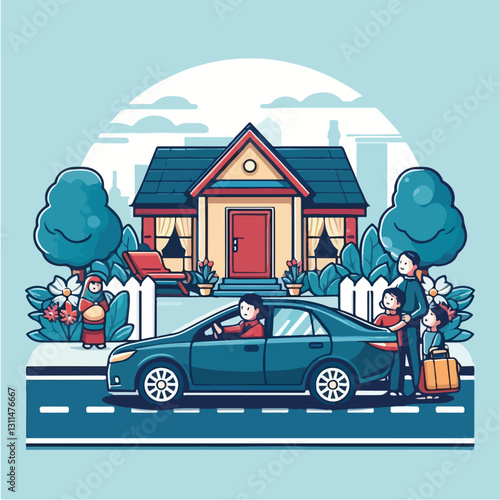 A modern take on the tradition of 'mudik' (homecoming), showing a futuristic self-driving car and family reuniting at home in a sleek flat design
