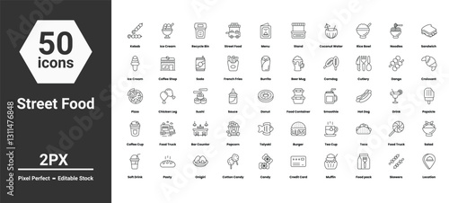 street food icons set such as, kebab,food,indian,delicious,kabab,barbecue,grilled,dish,plate,dinner,grill,  vector stock illustration
