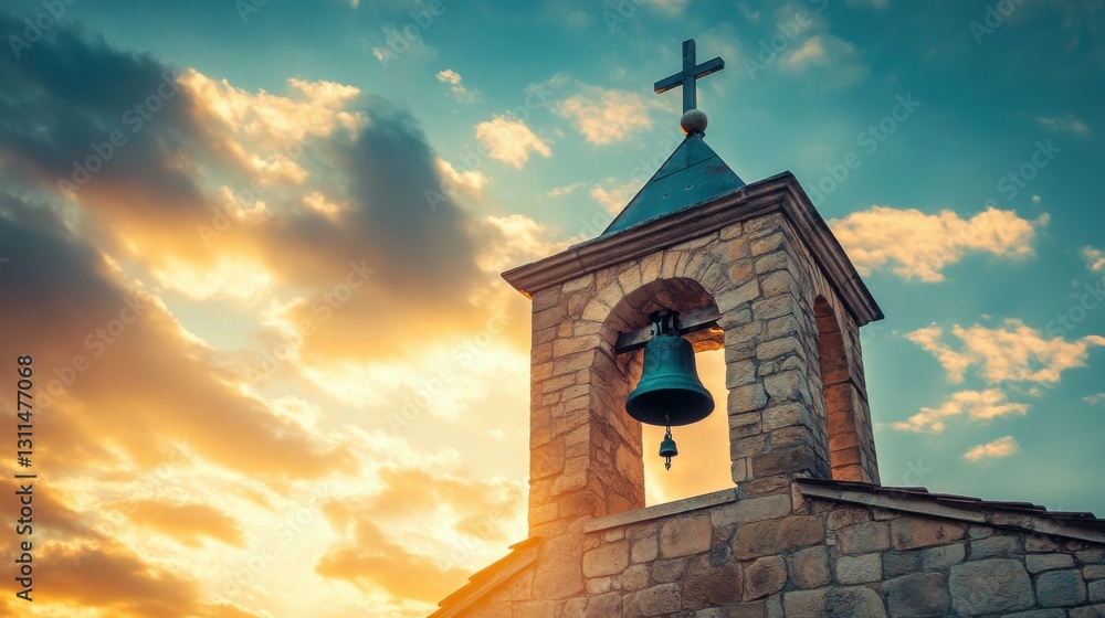 Ancient church bell tower under dramatic sky, concept of faith, history, and heritage, soft glowing sunset light, focus on architectural beauty. Ancient church bell tower under dramatic sky, concept of faith, history, and heritage, soft glowing sunset light, focus on architectural beauty.