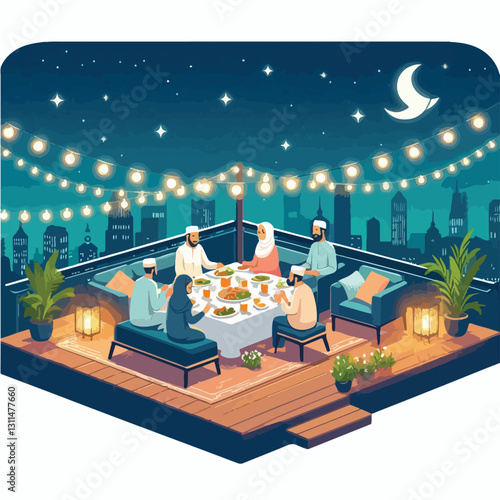 A charming rooftop Eid celebration, where friends and family enjoy a meal under string lights and a starry sky, in a stylized flat art approach