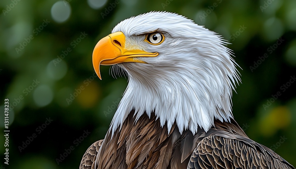 Fototapeta premium Majestic Bald Eagle Profile, Green Bokeh