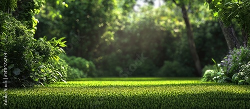 Lush green garden with vibrant grass in the foreground and dense foliage framing the serene background under soft natural lighting.