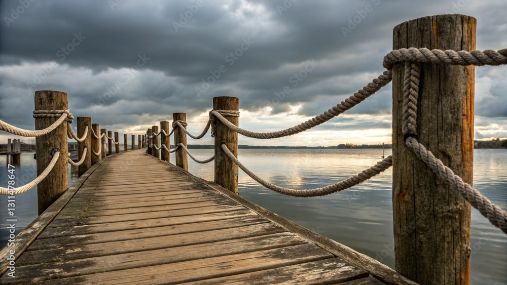 Naklejka premium Seascape with a wooden pier and rope railings leading out to sea under a dramatic, overcast sky.