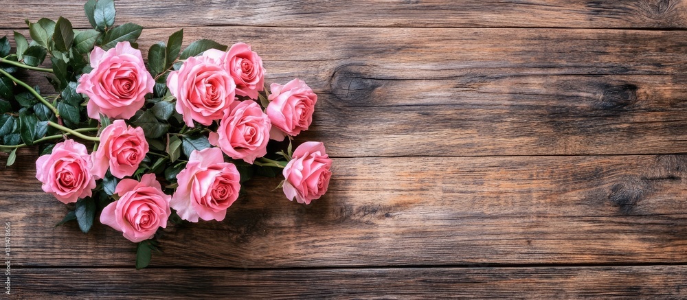 Fresh pink roses arranged on a rustic wooden table, top view showcasing flowers on the left with ample copy space on the right side. Fresh pink roses arranged on a rustic wooden table, top view showcasing flowers on the left with ample copy space on the right side.