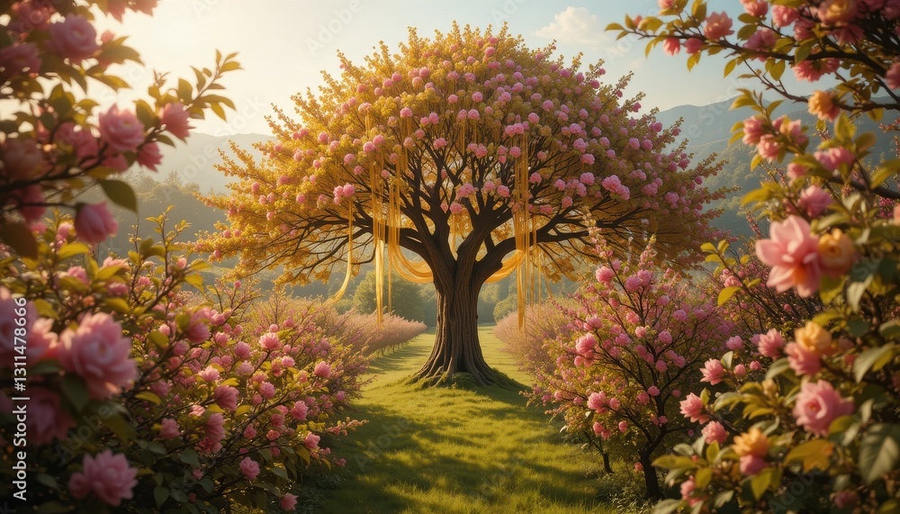 Naklejka premium Magical Golden Tree in a Blossoming Pink Flower Garden Serene Spring Landscape