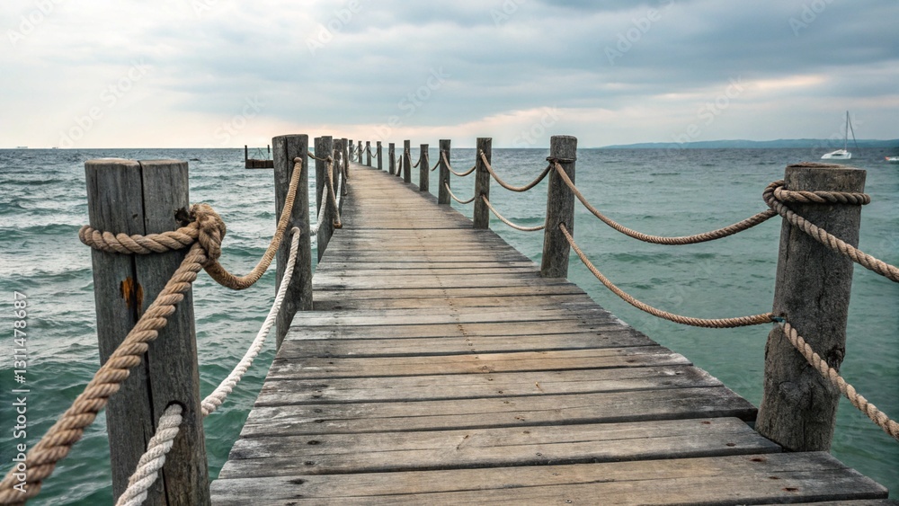 Long wooden pier vanishing into the horizon on a cloudy day, highlighting perspective and a sense of distance and travel.
Long wooden pier vanishing into the horizon on a cloudy day, highlighting perspective and a sense of distance and travel.