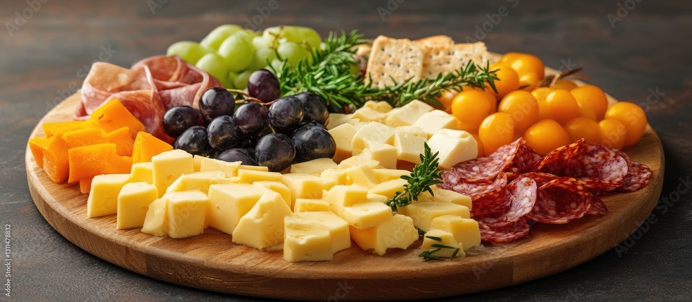 Delicious rustic cheese board arrangement featuring yellow cheddar cubes, sliced salami, grapes, rosemary, and crackers on a wooden platter Delicious rustic cheese board arrangement featuring yellow cheddar cubes, sliced salami, grapes, rosemary, and crackers on a wooden platter