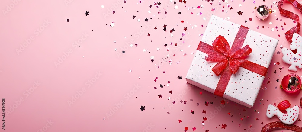 Gift box with red bow surrounded by festive toys and sparkling confetti on soft pink background Flat lay composition for holiday celebration. Gift box with red bow surrounded by festive toys and sparkling confetti on soft pink background Flat lay composition for holiday celebration.