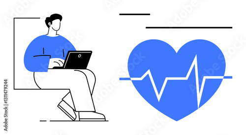 Seated person working on laptop next to a blue heart with a pulse line. Ideal for health technology, telemedicine, fitness tracking, virtual care, diagnostics, remote monitoring, flat simple metaphor