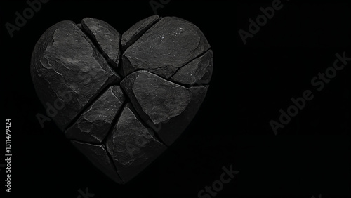 broken black heart shaped rock on dark background