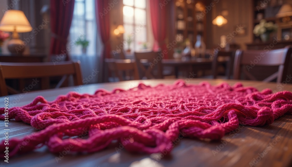 A Pink Knitted Table Runner on a Wooden Table in a Restaurant Setting A Pink Knitted Table Runner on a Wooden Table in a Restaurant Setting