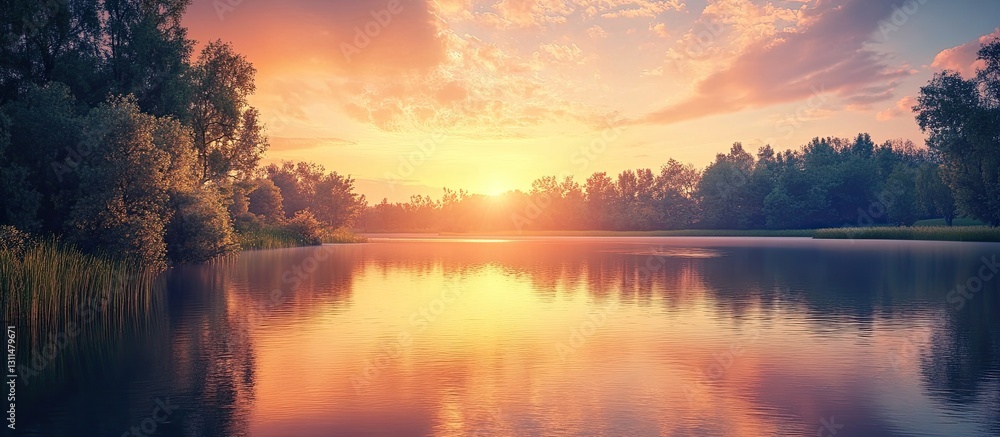 Serene sunset over a still lake reflecting pastel hues of orange and pink, surrounded by lush greenery along the shore. Serene sunset over a still lake reflecting pastel hues of orange and pink, surrounded by lush greenery along the shore.