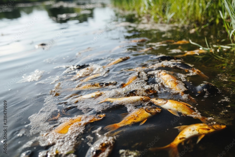 Contaminated water surface showing the devastating effects of oil and chemical toxins on marine life. Contaminated water surface showing the devastating effects of oil and chemical toxins on marine life.