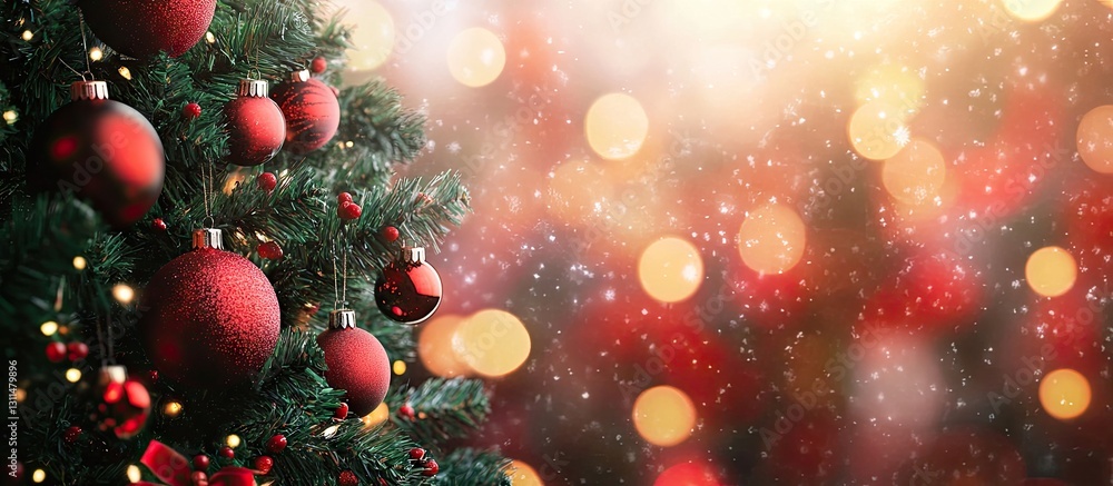 Christmas tree adorned with red ornaments and sparkling lights in soft focus glowing background of warm golden and red bokeh effects Christmas tree adorned with red ornaments and sparkling lights in soft focus glowing background of warm golden and red bokeh effects