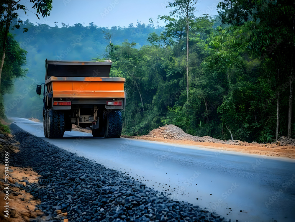 Orange Construction Truck on New Road Through Lush Forest Landscape