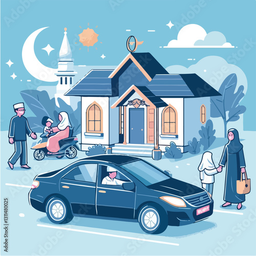 A modern take on the tradition of 'mudik' (homecoming), showing a futuristic self-driving car and family reuniting at home in a sleek flat design
