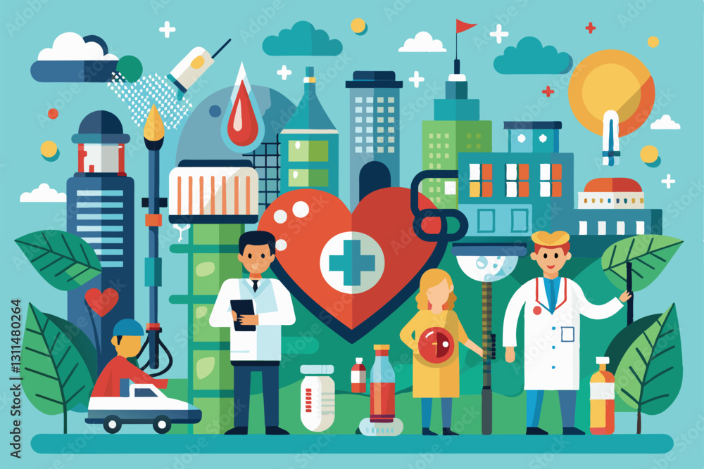 Naklejka premium Professionals engage in public health efforts, highlighting innovative solutions for community health challenges, Public health Customizable Disproportionate Illustration
