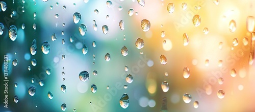 Water droplets on a blurred background with soft blue and orange hues creating a serene morning atmosphere and gentle light reflections.