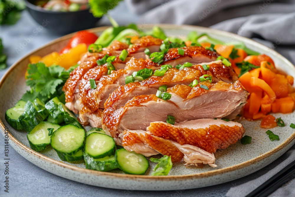 Plate of crispy roasted Peking duck with fresh vegetables Plate of crispy roasted Peking duck with fresh vegetables