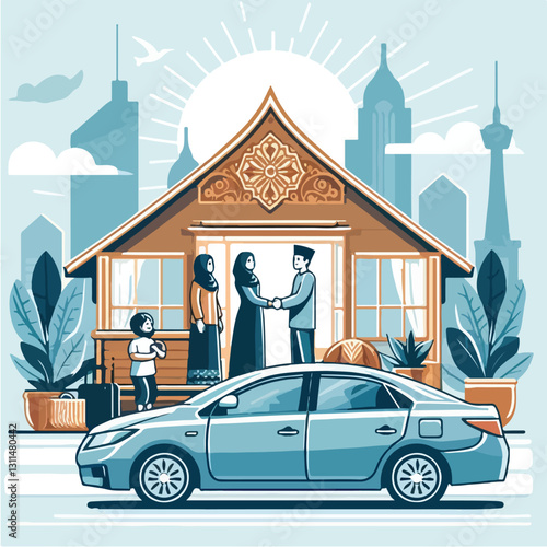 A modern take on the tradition of 'mudik' (homecoming), showing a futuristic self-driving car and family reuniting at home in a sleek flat design