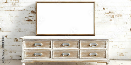Rustic White Wooden Chest Drawers With Blank Frame Mockup Image For