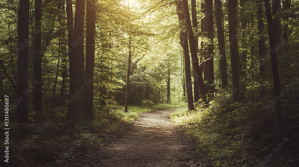Obraz premium Sunlit forest path leading into dense trees, creating serene atmosphere