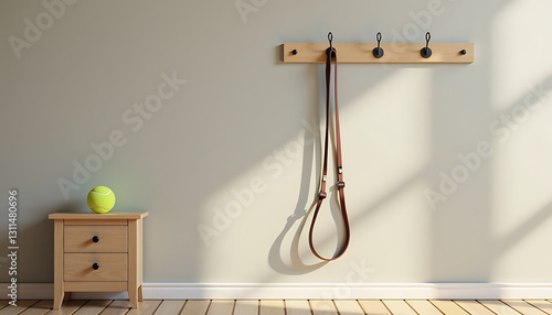 Dog leash hanging on wall with tennis ball on nightstand in a cozy home interior, with copy space
