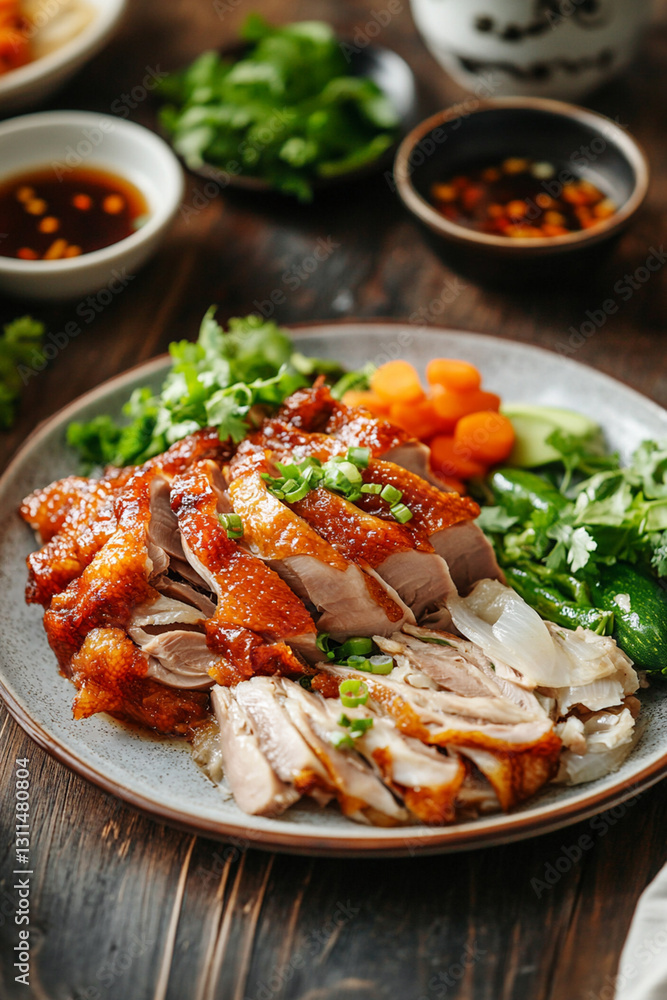 Plate of crispy roasted Peking duck with fresh vegetables Plate of crispy roasted Peking duck with fresh vegetables