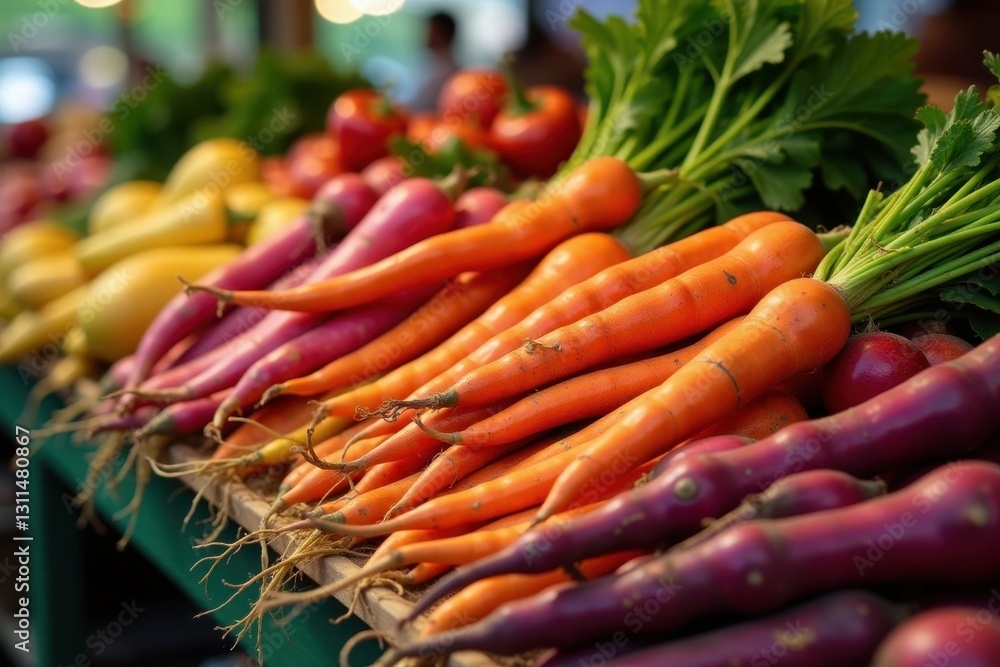 Pile of colorful root vegetables at farm stand, rustic, seasonal Pile of colorful root vegetables at farm stand, rustic, seasonal