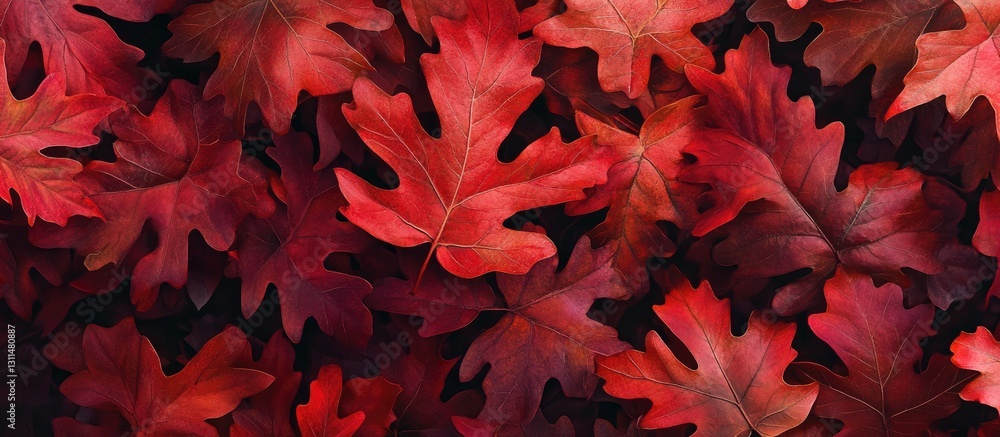 Vibrant red oak leaves scattered on a dark background showcasing autumn hues with intricate leaf patterns and textures in high-resolution clarity Vibrant red oak leaves scattered on a dark background showcasing autumn hues with intricate leaf patterns and textures in high-resolution clarity