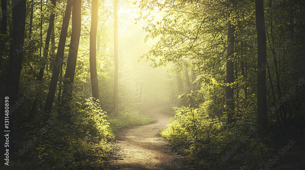 Fototapeta premium Sunlit forest path winding through dense trees