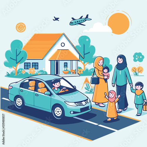 A modern take on the tradition of 'mudik' (homecoming), showing a futuristic self-driving car and family reuniting at home in a sleek flat design