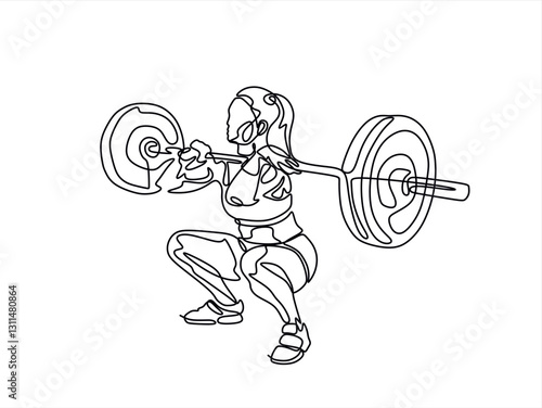 continuous line drawing of young strong weightlifter woman preparing for barbell workout in gym
