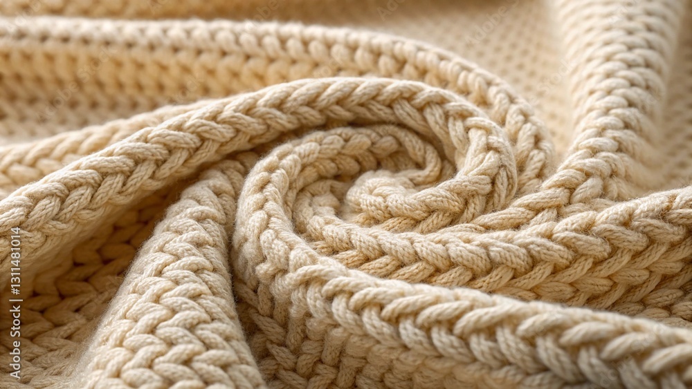 Close up of a beige knitted wool fabric with a spiral texture, perfect for backgrounds and textile designs.
Close up of a beige knitted wool fabric with a spiral texture, perfect for backgrounds and textile designs.