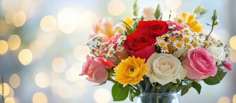 Fototapeta premium Colorful bouquet of red roses, yellow gerbera daisies, and white daisies in a clear vase, softly blurred background with bokeh lights.
