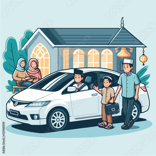 A modern take on the tradition of 'mudik' (homecoming), showing a futuristic self-driving car and family reuniting at home in a sleek flat design