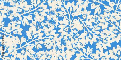 Seamless pattern with flower silhouette. Exotic hand-drawn flowers, abstract tropical floral for fabric, textiles, clothing, wrapping paper, covers, banners, home decor, and abstract backgrounds.