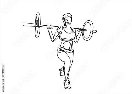 continuous line drawing of young strong weightlifter woman preparing for barbell workout in gym
