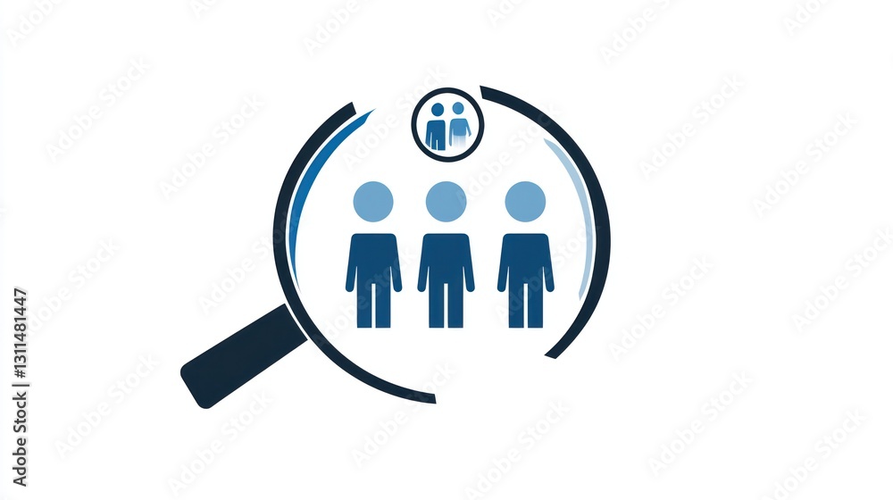 Magnifying glass on three people; search for people; abstract Magnifying glass on three people; search for people; abstract