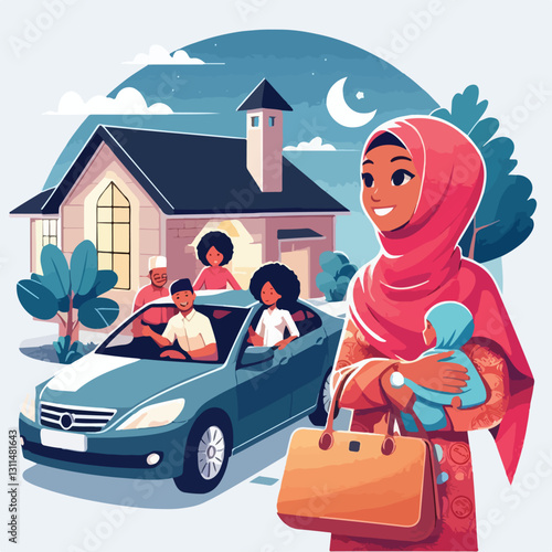 A modern take on the tradition of 'mudik' (homecoming), showing a futuristic self-driving car and family reuniting at home in a sleek flat design