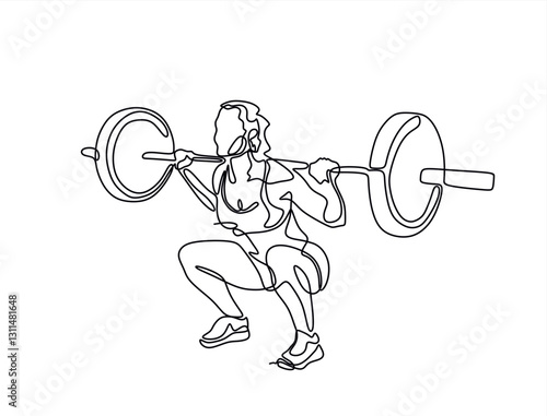 continuous line drawing of young strong weightlifter woman preparing for barbell workout in gym
