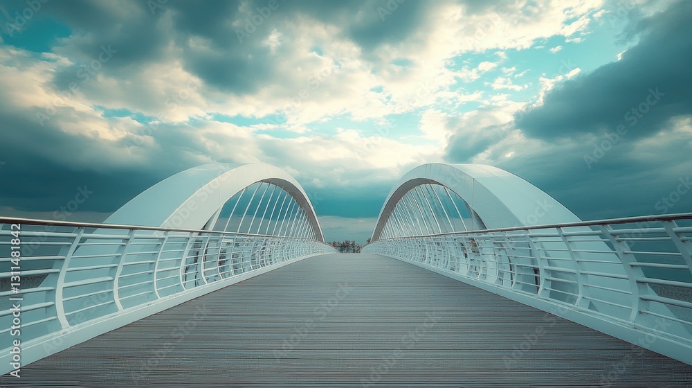 Obraz premium Modern White Arch Bridge Over Water Under Cloudy Sky