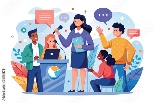 A lively discussion takes place at a conference, featuring speakers and an interactive audience, Public talk Customizable Disproportionate Illustration