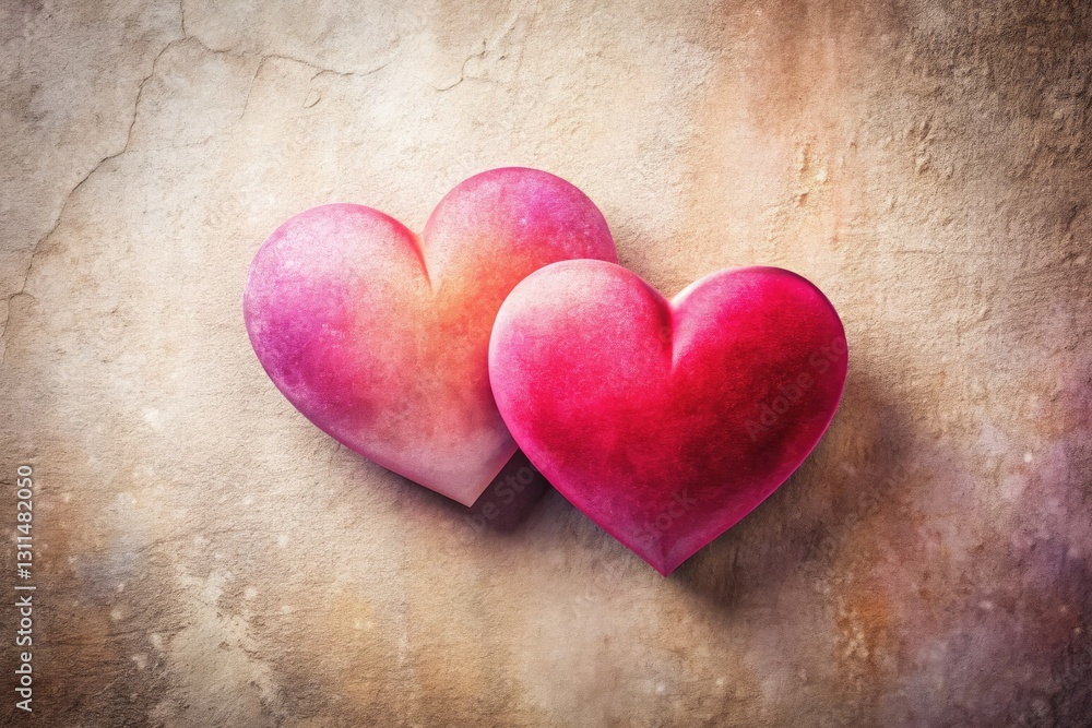 Obraz premium Abstract hearts, red and pink gradient, dance on a textured paper backdrop. Minimalist charm.