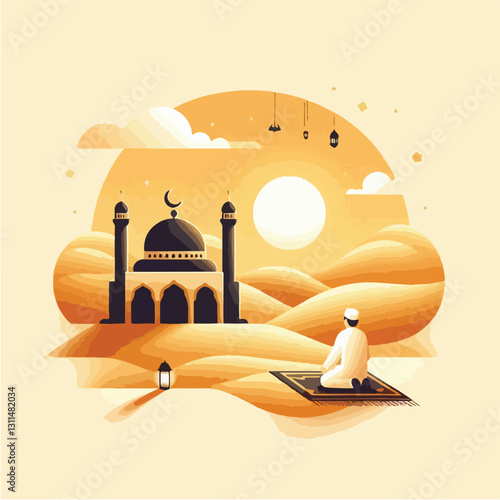 The image of the mosque and people praying with a very stunning sunset background