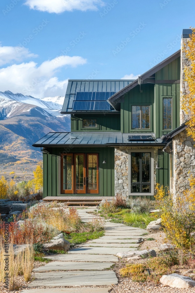 Mountain house design featuring modern architecture with solar panels and scenic views of autumn foliage in the Rocky Mountains during daytime Mountain house design featuring modern architecture with solar panels and scenic views of autumn foliage in the Rocky Mountains during daytime